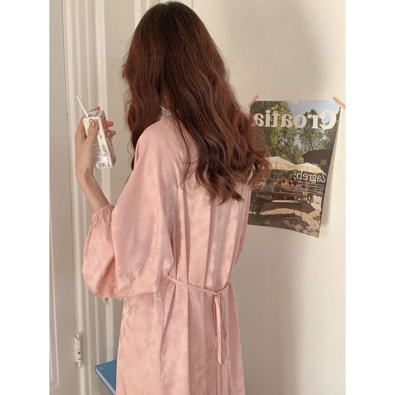 Chinese Style V-neck Ice Silk Nightgown for Women Simple Casual Lazy Home Clothes