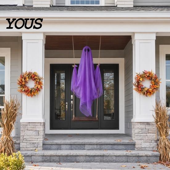 Swinging Ghost Light Halloween Decoration, Large Hanging Swing with LED String Lights, Button Battery Powered Figure for Outdoor Indoor Party