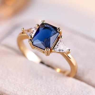 Charm Gold Color Square Blue White Stone Rings for Women Classic Design Wedding Party Accessories Gift