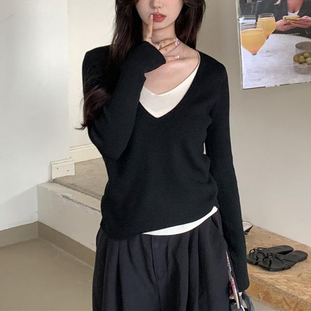 Temperament V-neck Knitwear Bottoming Tops Women's Autumn Slim Thin Pullover Sweater