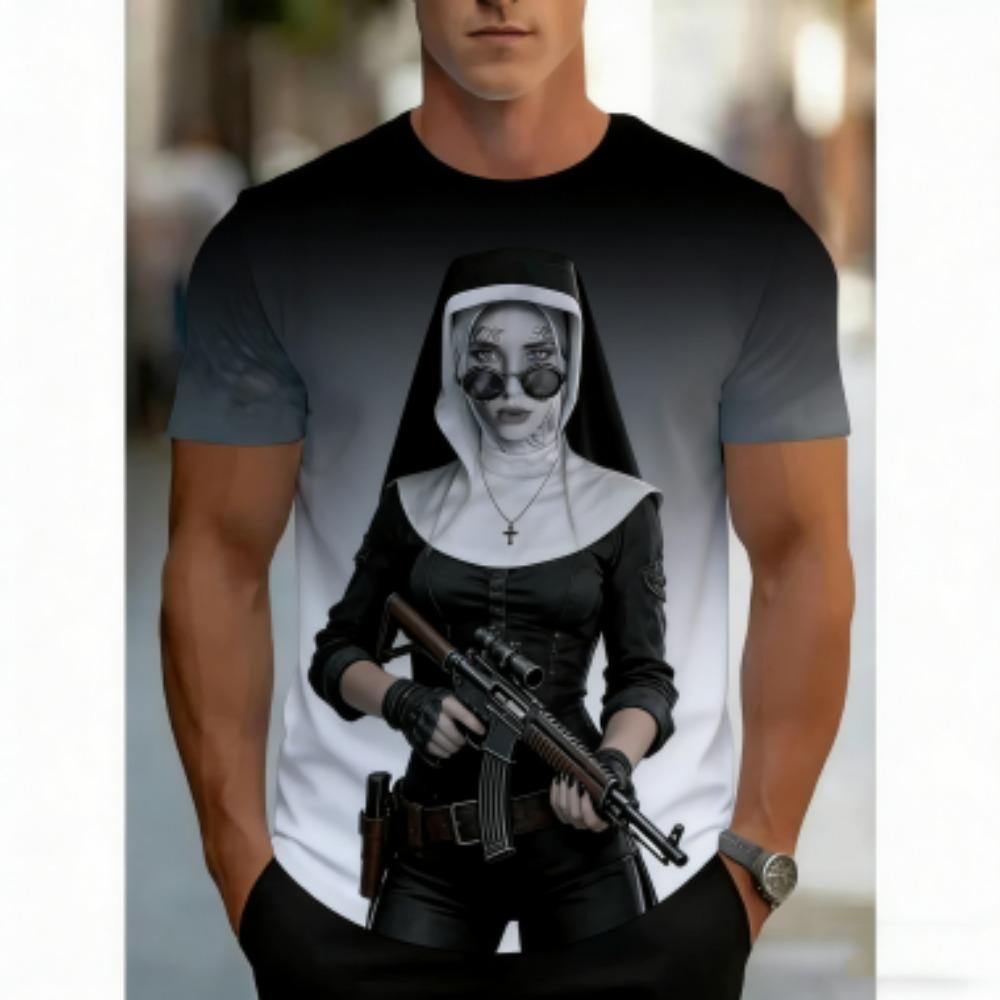 Summer Dark Nun 3D Printed T-Shirt For Men Mysterious Cool Pattern Tees Summer Casual Round Neck Short Sleeve Tops Street Tee Shirts