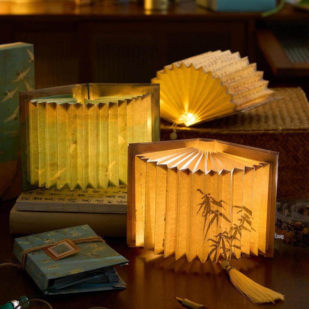 Burning Glass Bead Fan-Shaped Lamp: Oil Painting-Inspired Book Lamp with Calligraphy Text - Creative Ancient Style Gift.