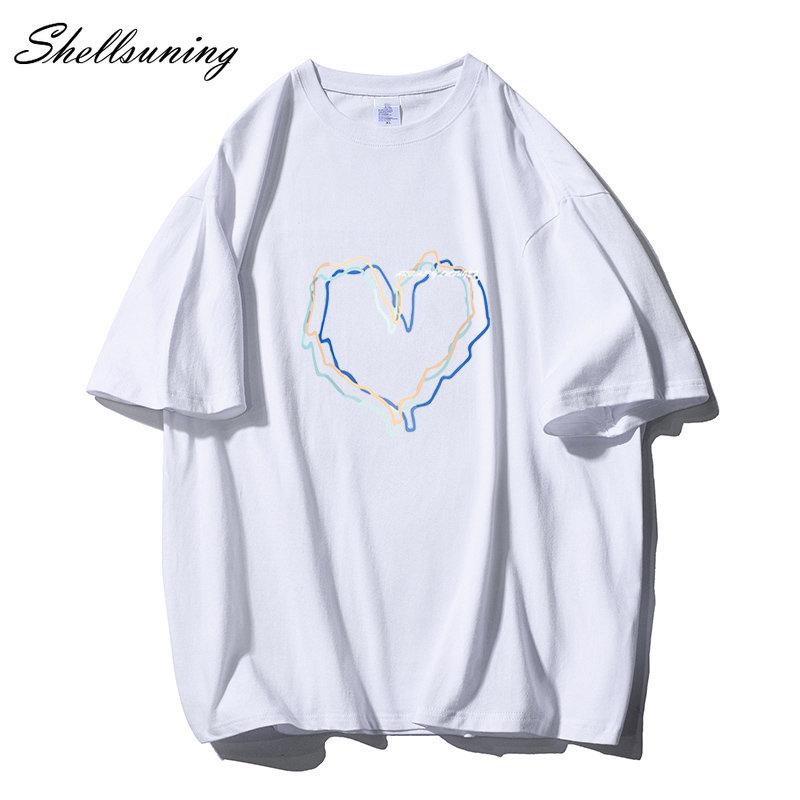 Shellsuning Loose O Neck Cotton Printed Shirts Women Summer Kawaii Heart Graphic Tees Female Casual Short Sleeve Base Black Tops