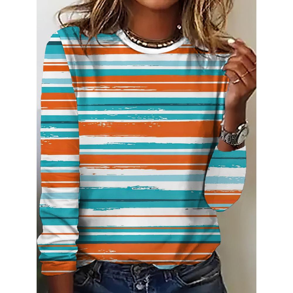 Women's T-Shirt Casual Long Sleeve Stripe Pattern Print Crew Neck Female Oversized Clothing Outdoor Vintage T Shirts