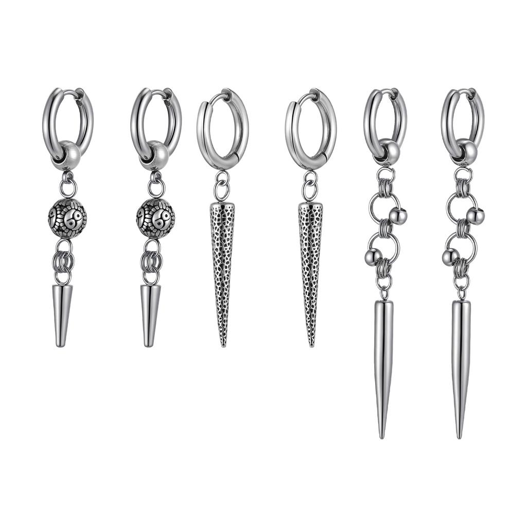 Stainless Steel Punk Gothic Cone Drop Earrings for Men, Fashion Silver Color Long Pendant Earrings, Vintage Hip-hop Jewelry