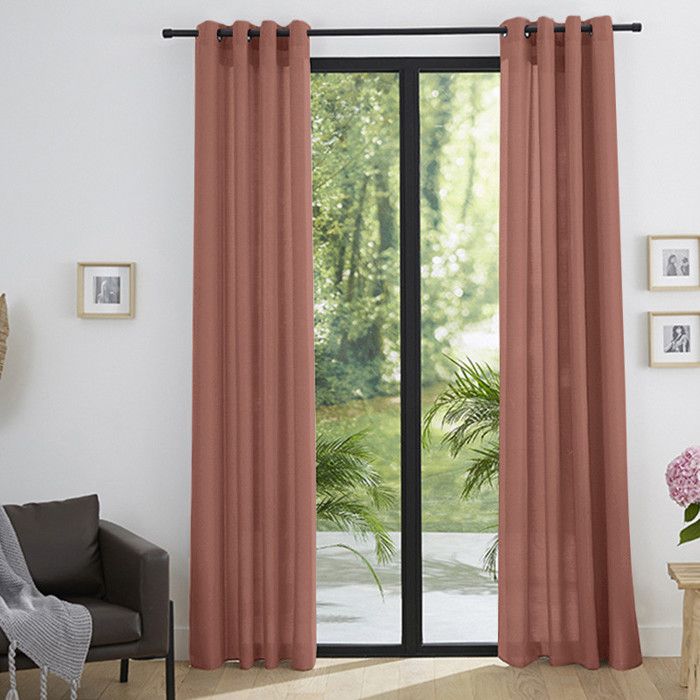 Pair of Semi-sheer Eyelet Curtains Linen Effect "Moonlight" Woody Rose