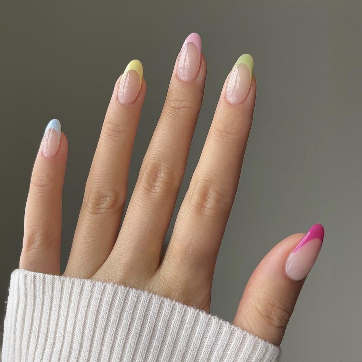

Almond-Shaped French Press-On Nails: Elegant, Colorful Design with Pink and Translucent Base for a Whiter, Refined Look.