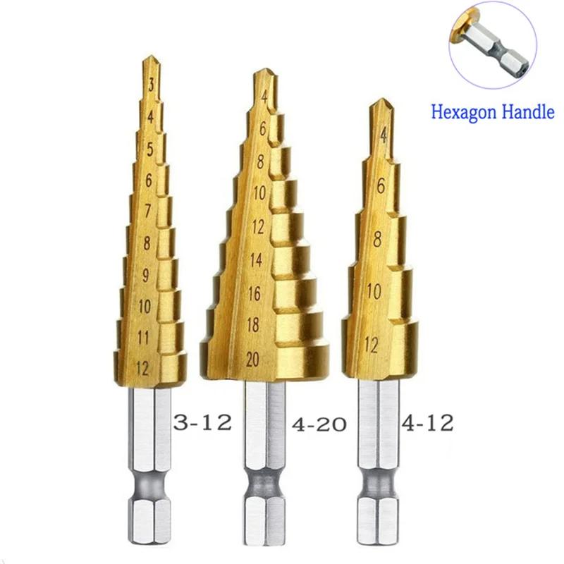 Chiloskit 3 Pcs Large HSS Step Drill Bit Set - Titanium Coated,High Speed Steel Drill Cone Bits,3-Piece, 4-12/20/32mm