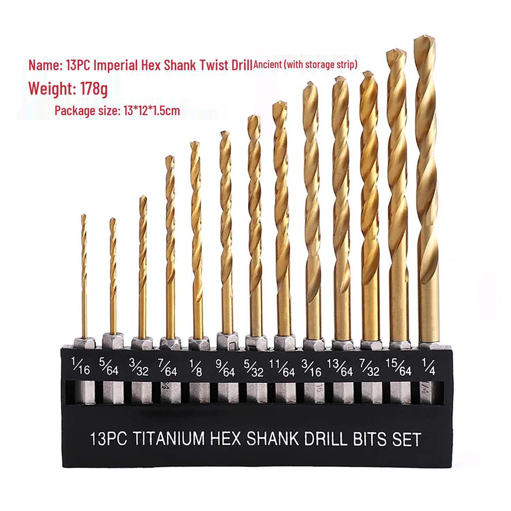 13-Piece Titanium Hex Shank Twist Drill Bit Set for Air Screwdrivers (1/4" Hex)