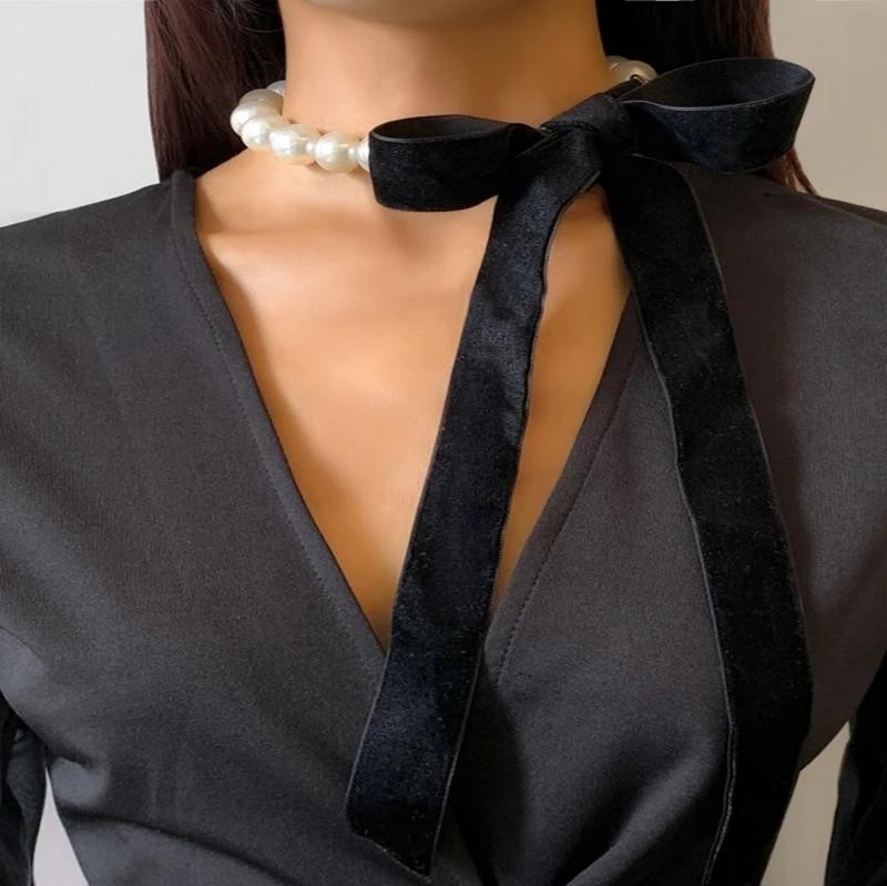 

Imitation Pearl Black Cord Knot Choker Necklace - European & American Fashion