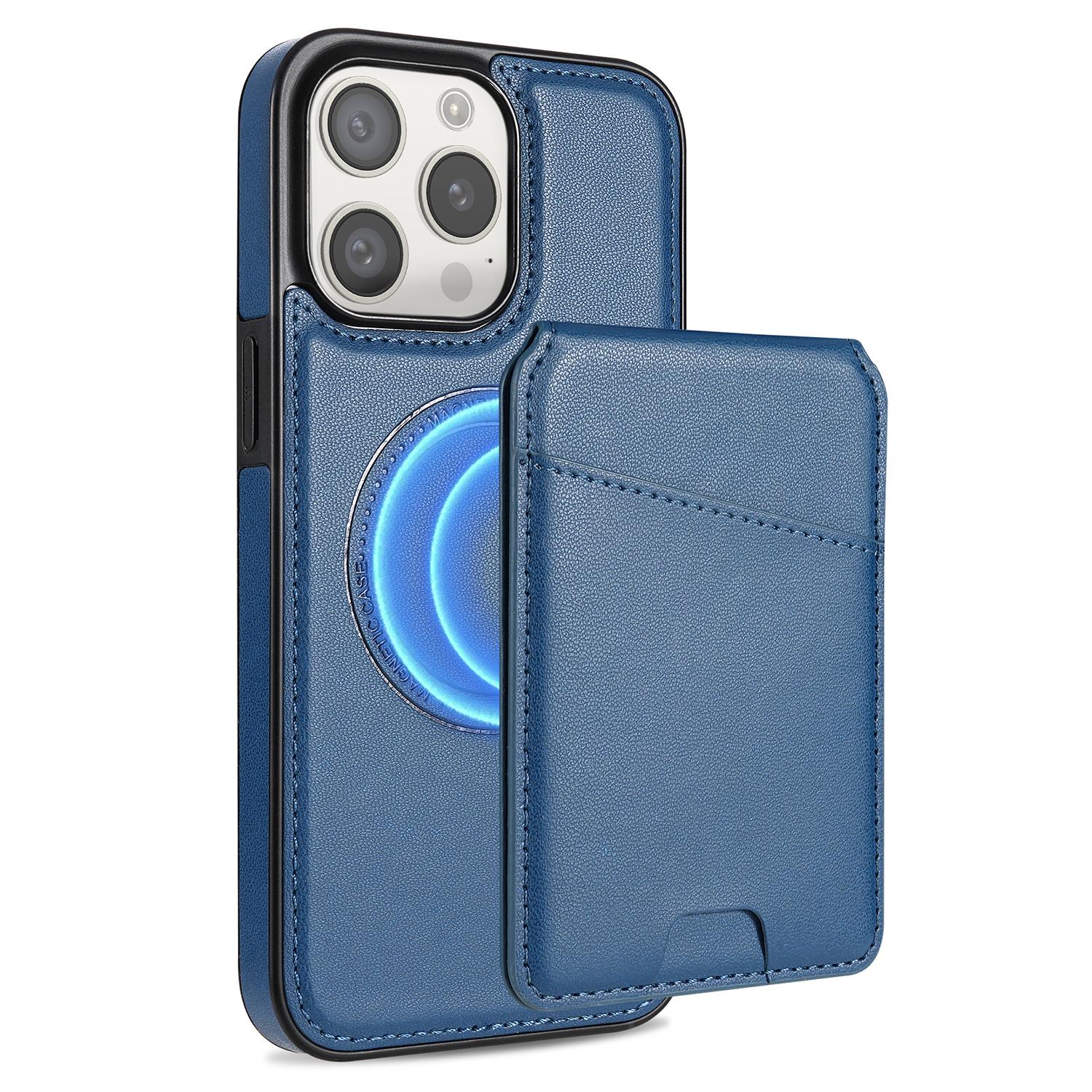 

For iPhone 14 Pro Case Compatible with MagSafe Detachable Card Holder Kickstand Leather Phone Back Cover Blue