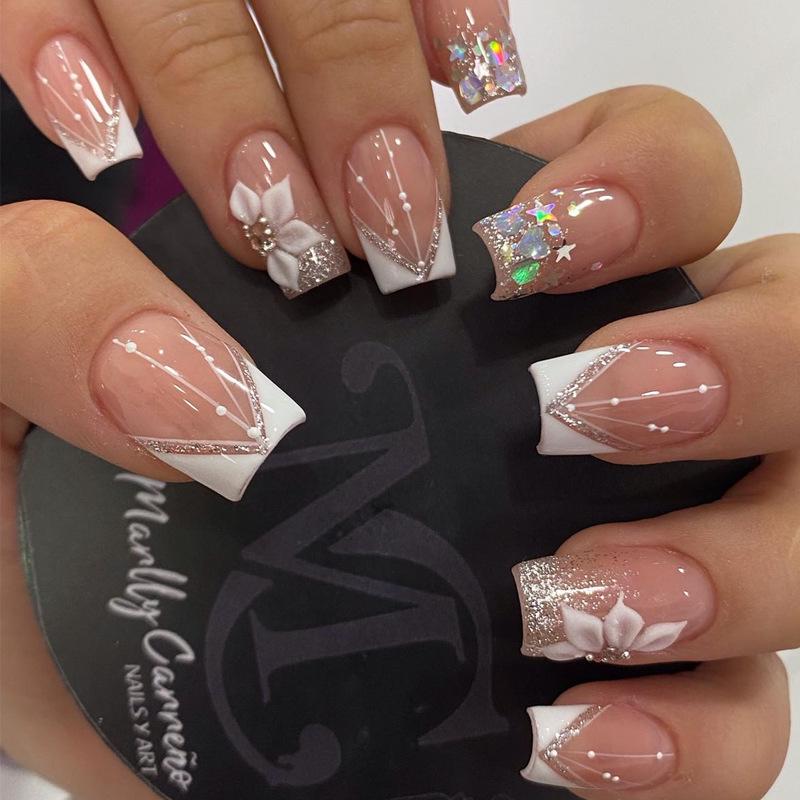 

French Geometric Glitter Gradient Nail Art Patches - Wearable False Nails