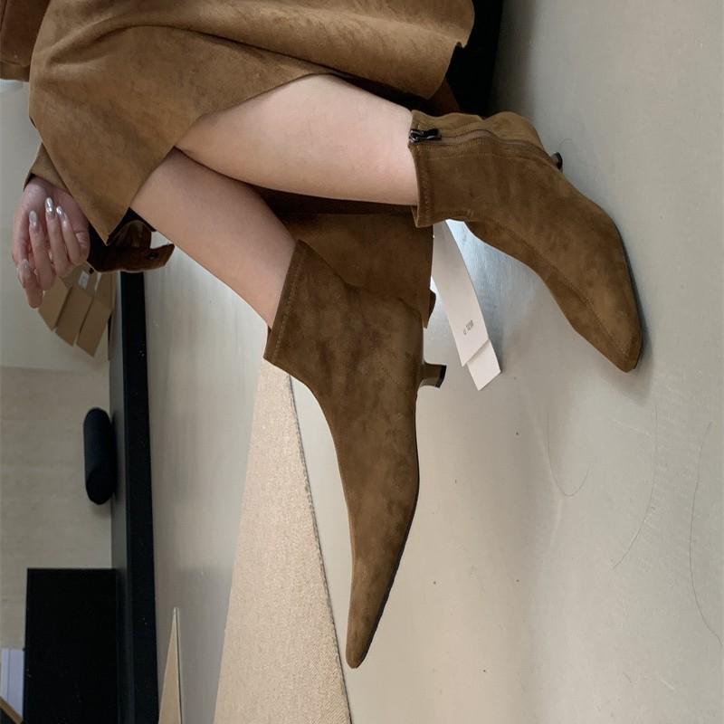 High-heeled pointed-toed temperament suede short boots women's shoes 2025 new autumn and winter velvet thin-heeled Korean thin boots