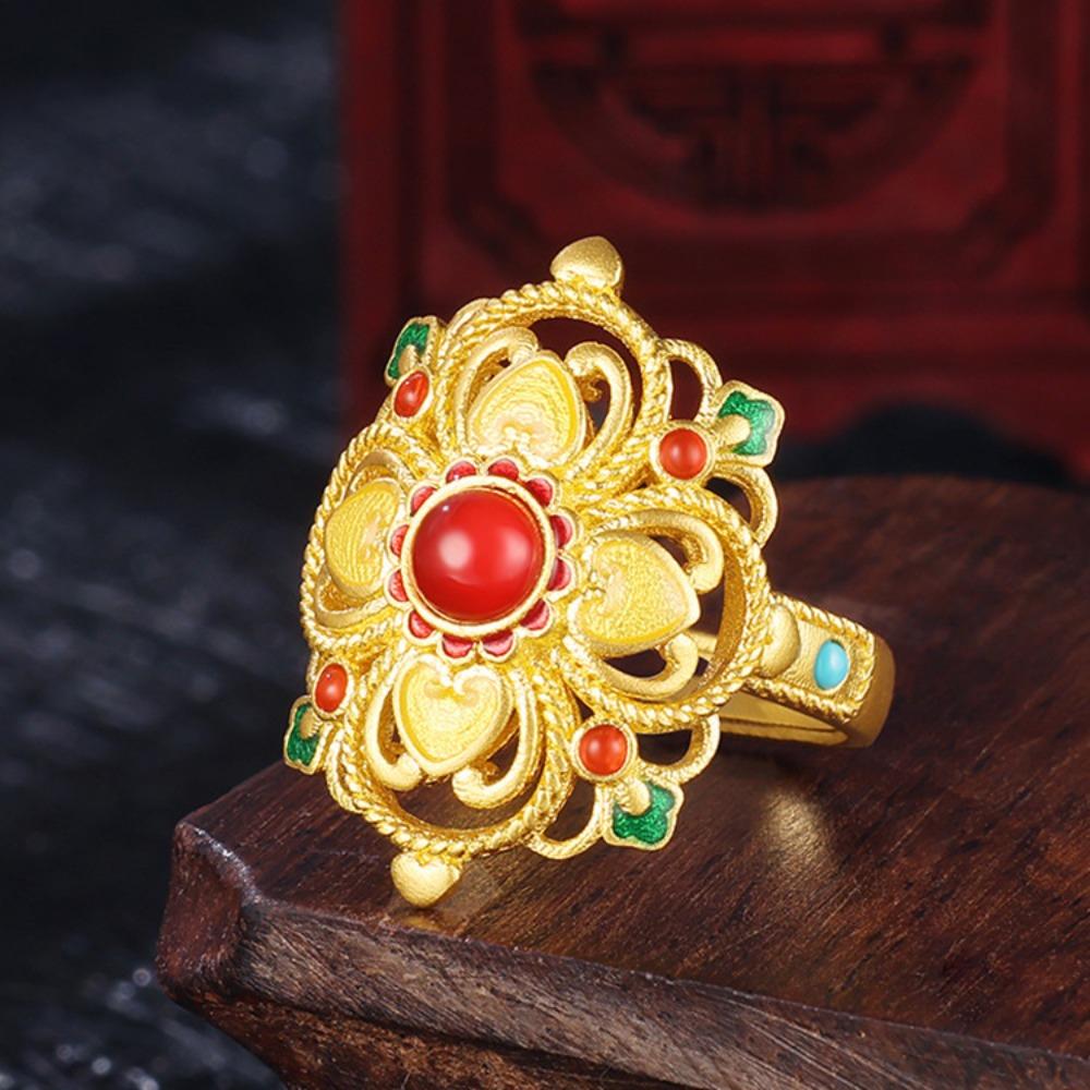Ancient Gold Craft Open Ring 24k Plated Floral Matte Adjustable Women Jewelry