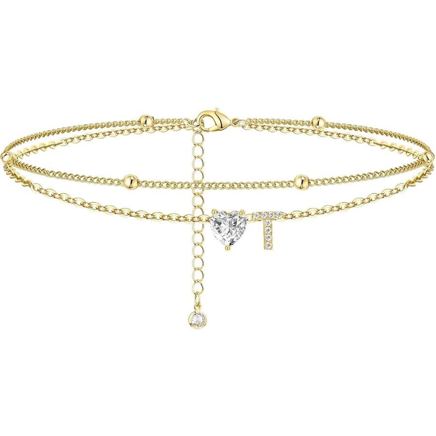 Ankle Bracelets for Women Waterproof 14K Gold Plated CZ Initial Dainty Layered Heart Anklets Foot Chain Summer Beach Jewelry