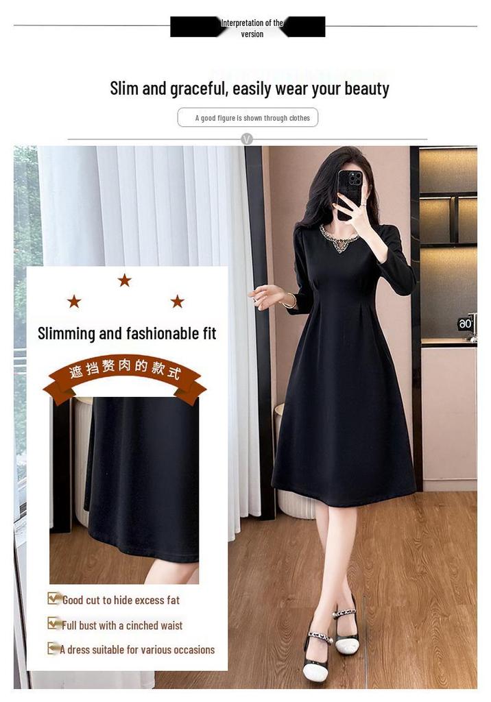 Elegant Black Plus-Size Long-Sleeved Dress for Spring and Autumn