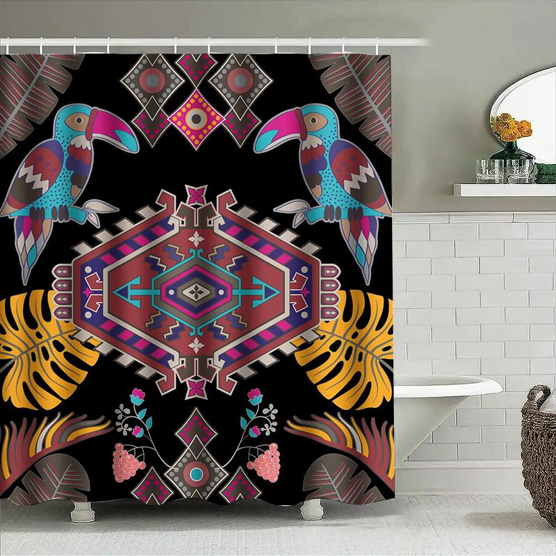 

Decorative Bath Shower Curtain Bohemian Style Birds Floral Pattern Black Background Home Decor Waterproof Fabric 72x84inches 90x180cm