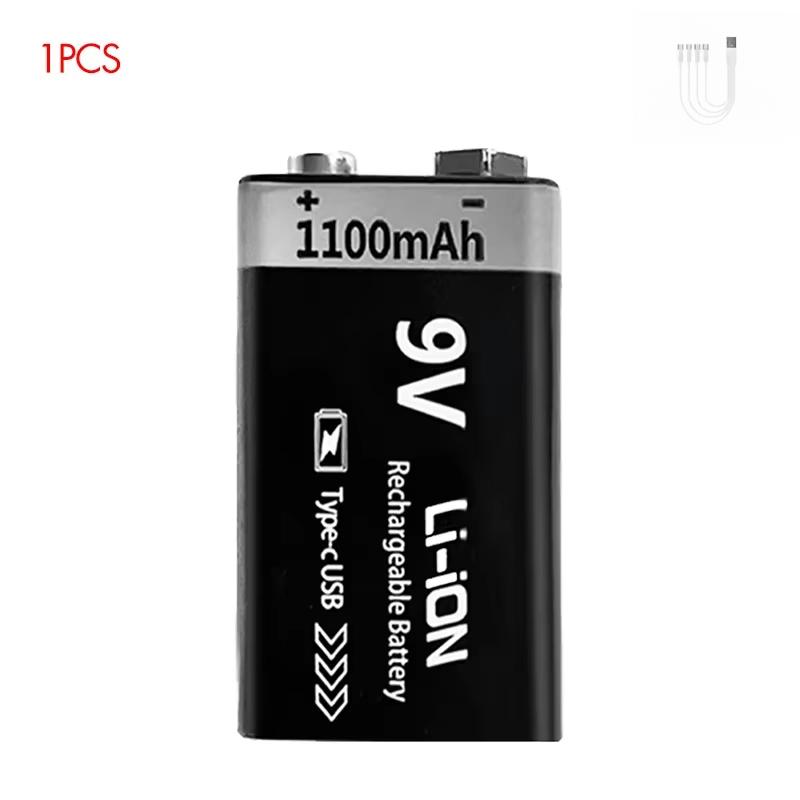 9V Battery Rechargeable 1100mAh USB Type-C 6F22 9V Li-ion Battery for Multimeter, RC Toys, Guitar Pedal, Microphone