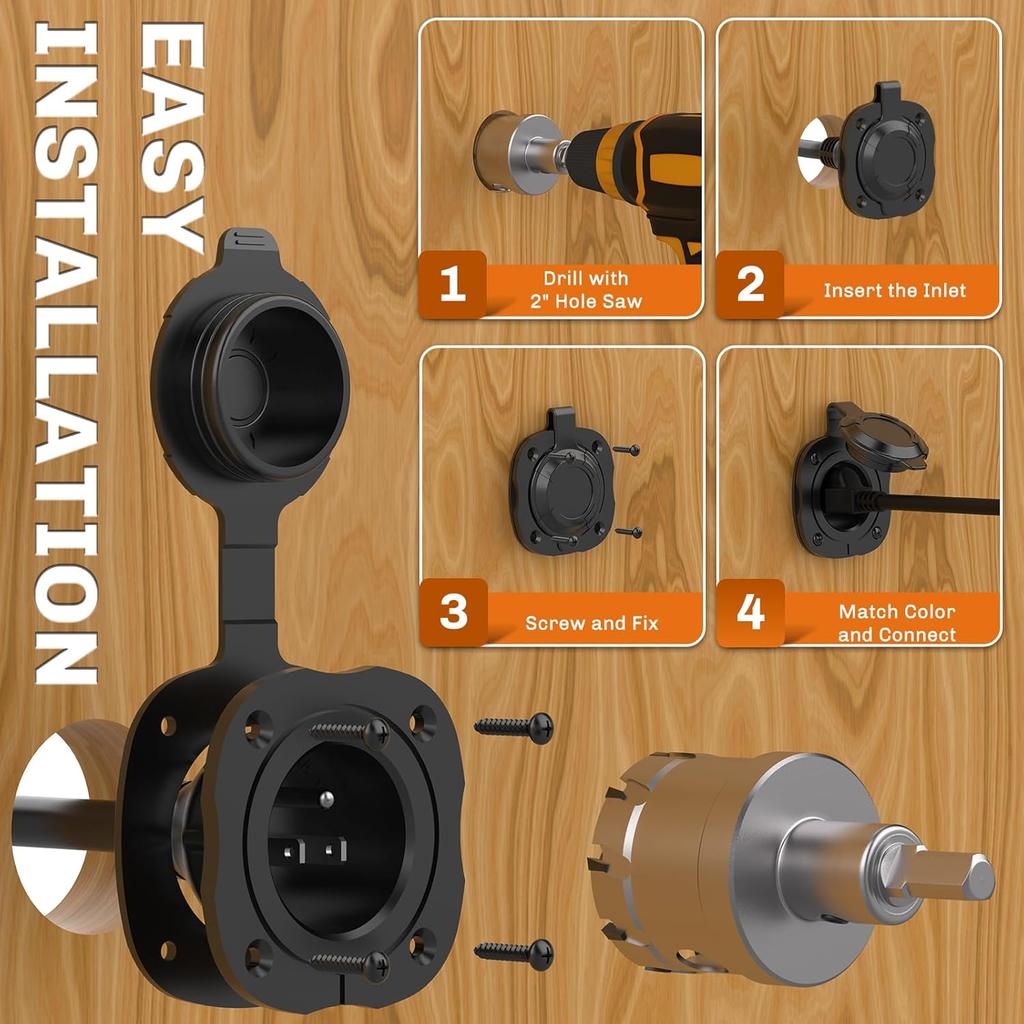 WELLUCK RV Shore Power Inlet Charger Plug 15 Amp 125V AC Power Inlet Port Plug With Integrated Dual 18" Extension Cord, RV Flanged Inlet With