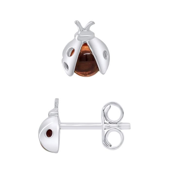 Mes Bijoux Preferes Women's Silver Léa & Arthur - Children's Earrings "Coccinelle Garnet" Motifs 925 Thousandths Rhodium Plated - Children's Jewelry