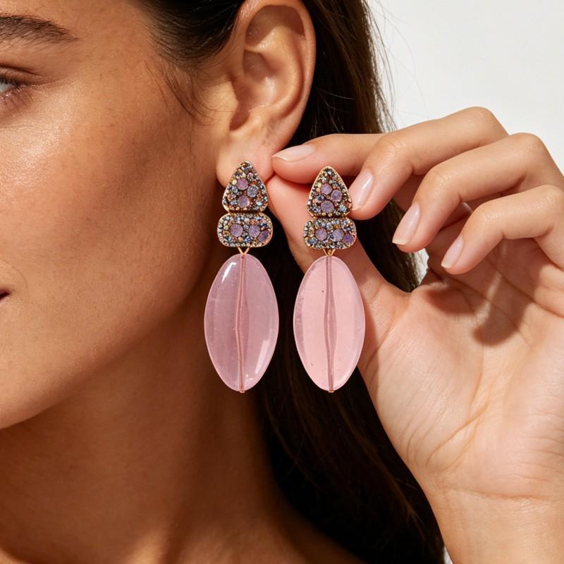 Geometric Layered Drop Earrings With Rhinestone Accents Bold Statement Jewelry Women Blue Green Pink Purple