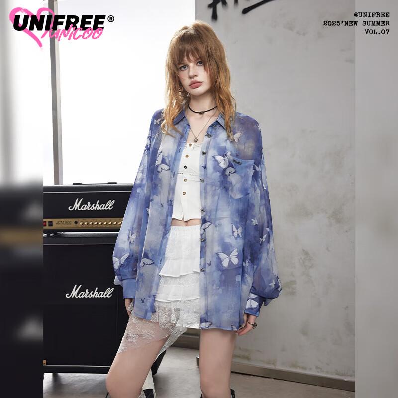 UNIFREE Retro Butterfly Print Loose Long-Sleeve Shirt M