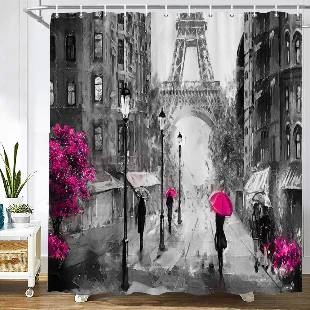 Nordic Style Landscape Paris Tower Fabric Shower Curtain Bathroom Curtains Waterproof Polyester Bath Screen with 12 Hooks