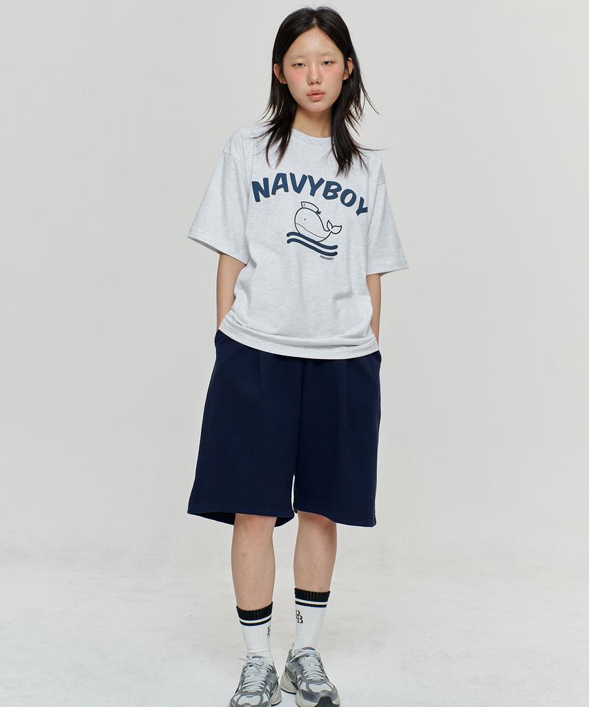 PAPERBOY [Set] Navy Boy Short Sleeve Half Pants Set-White Melange