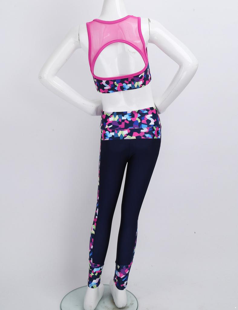 2Pcs Elastic Waistband Long Leggings Pants + Sleeveless Mesh Racer Back Tanks Tops Digital Print Gym Dancewear Outfit