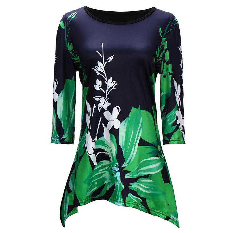 

Женские топы больших размеров, асимметричная туника с цветочным принтом и короткими рукавами, блузка, футболка S зелёный