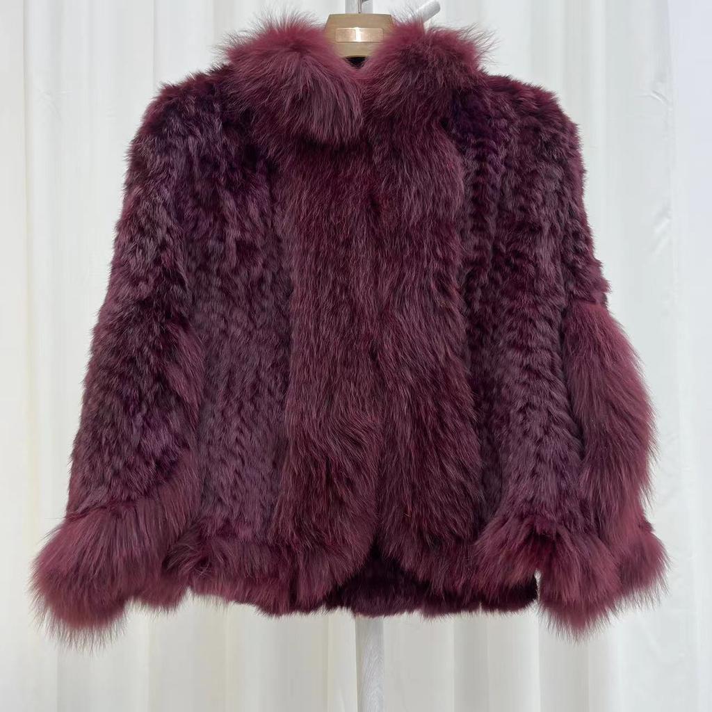 Natürlicher Gestrickter Kaninchenfellschal Mantel mit Fuchsfellkragen Damenmode Strickjacke Cape
