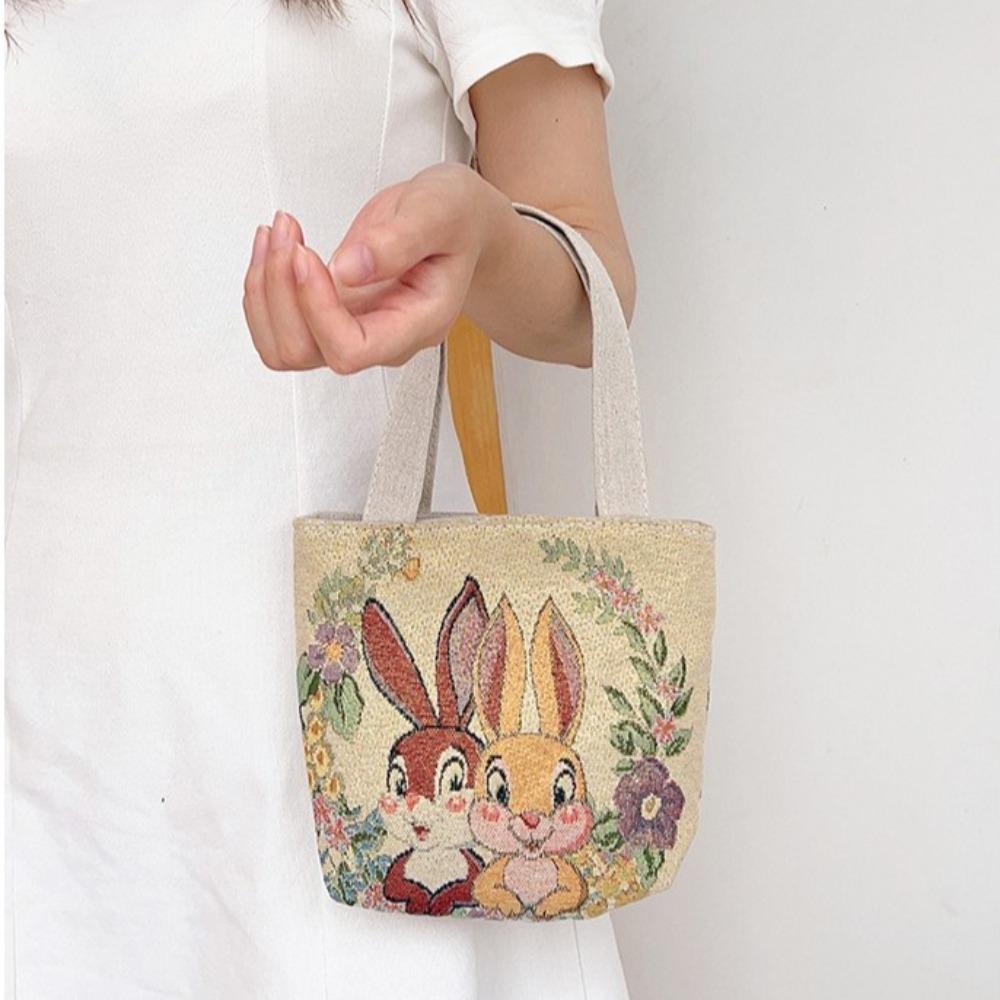 Creative Embroidery Canvas Bag Cute Cat Flowers Tote Bag Fashion Style Large Capacity Shoulder Traveling Pouch Handbag