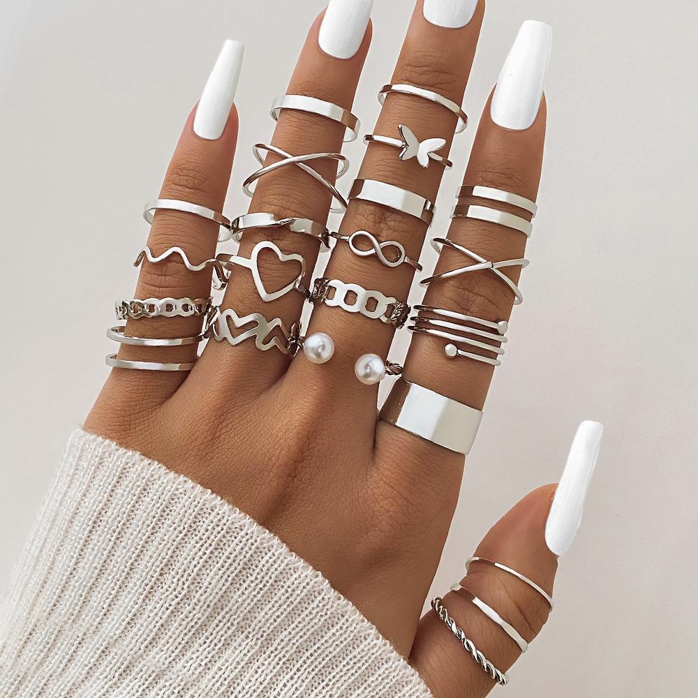 23-Piece Set: Black Butterfly Diamond & Pearl Knuckle Rings for Women
