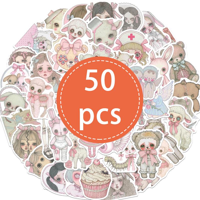 50PCS Pink Creepy Girl Stickers Pink Grotesque Bizarre Girl Horror Graffiti Sticker Gothic Horror Decals Decorative