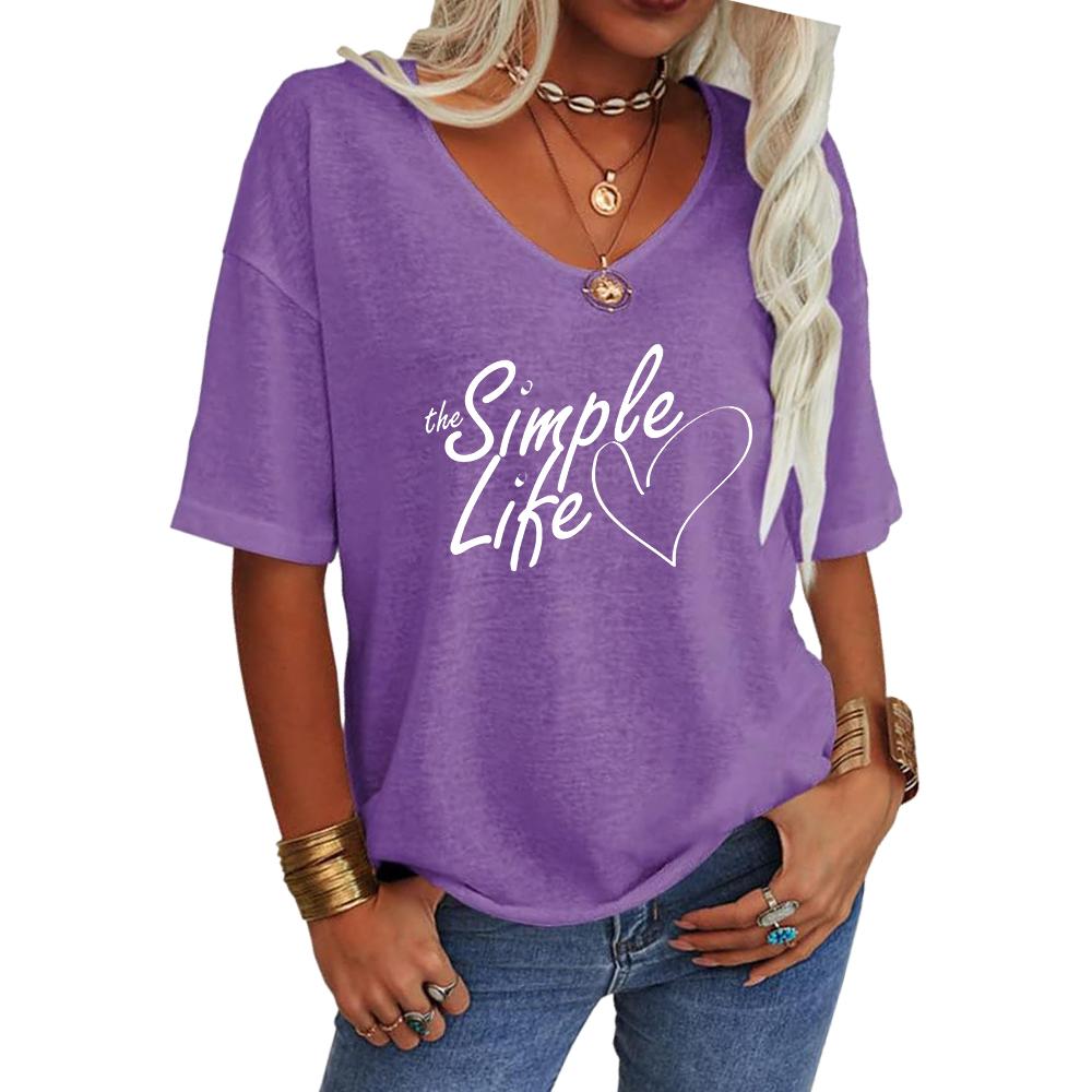 Women Fashion V Neck Tee Shirt Summer Casual Short Sleeve Top Loose Letter Print T-shirt