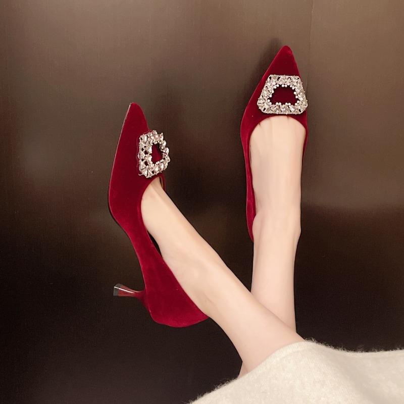2025 New Fashion Women's Rhinestone Button Pumps  High Heels Wedding Shoes Pointed Toe Boat Shoes Crystal Stilettos