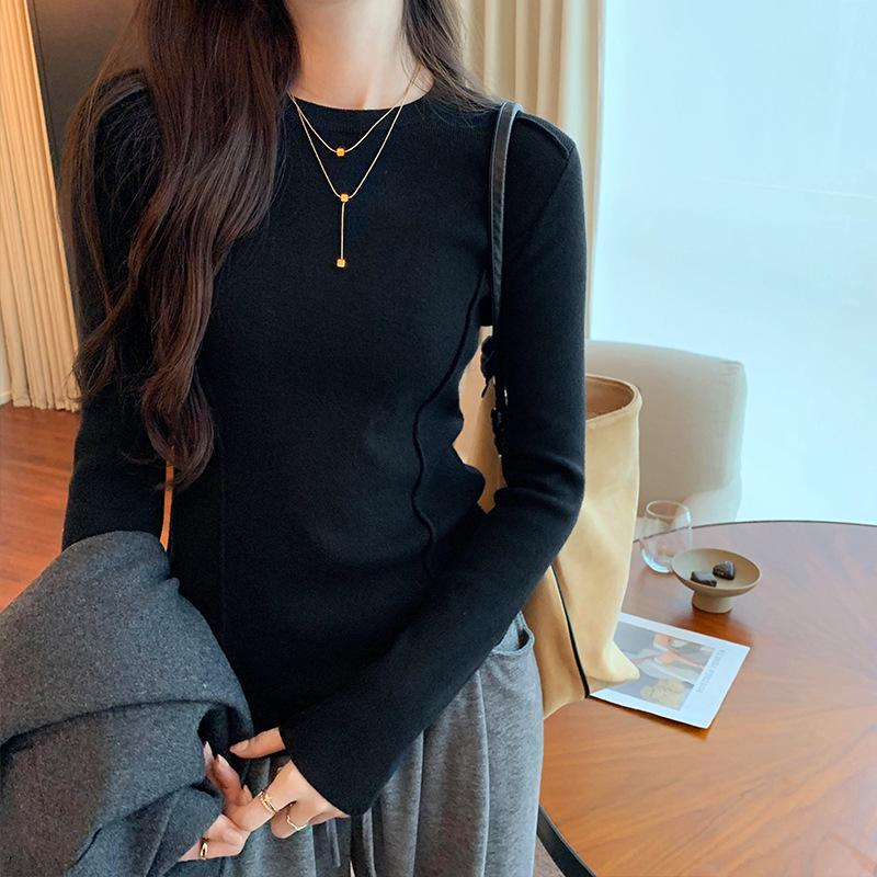 

Женская футболка с длинным рукавом для защиты от солнца, с дизайнерским чутьем, нишевый топ, декоративная отстрочка, круглый вырез, базовая футболка, облегающий крой, спущенное плечо, топ из чистого хлопка L