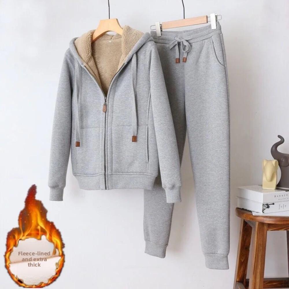 Winter Thicken Fleece Sweatshirts Hoodies Women Two-piece Suit Casual Sports Sets Female Short Coat Straight Pants