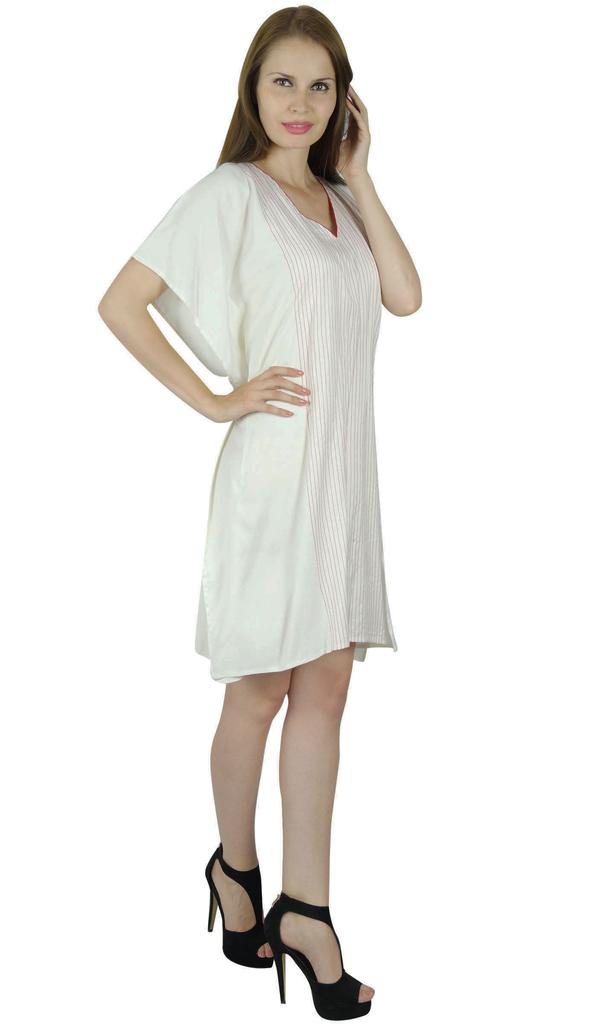 Bimba Women Short White Rayon Kaftan Slight Sheer Coverup Caftan Sleep Shirt