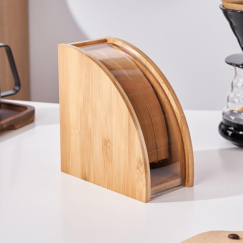 DECHOUS Coffee Filter Holder, Coffee Paper Storage Container for #1#2 V 60 Coffee Filters Bamboo Coffee Filter Paper Dispenser Rack with Dustproof