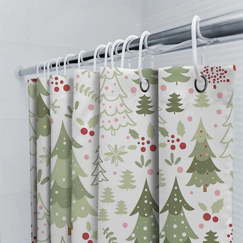 Christmas Themed Shower Curtain With Cute Green Trees Red Berries Snowflakes Festive Bathroom Decor Easy To Clean And Maintain