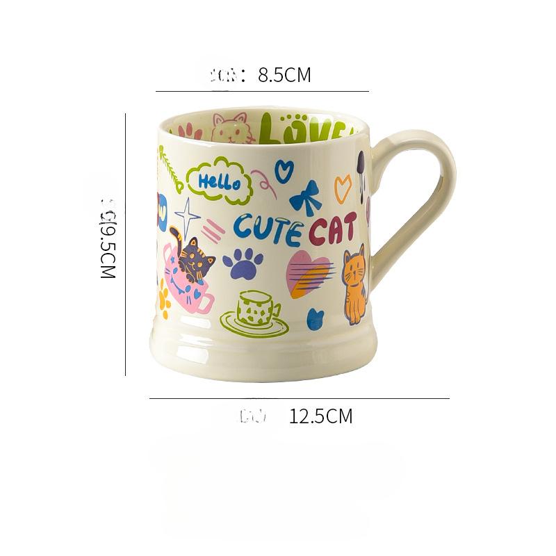 French Cup Illustration Style Mug High Looking Cute Cat Cartoon Pattern Water Cup Butterfly Ceramic Cup