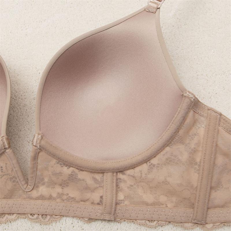 French Sexy Bra Deep V Seamless Underwear Women Lace Embroidery Push Up Bras Summer Detachable Strap Backless Brassiere