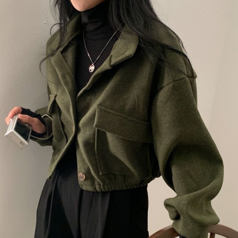 Autumn Winter Loose Wool Coat for Women's Pocket Stand Collar Top Long Sleeve Button Hong Kong Style Wool Coat