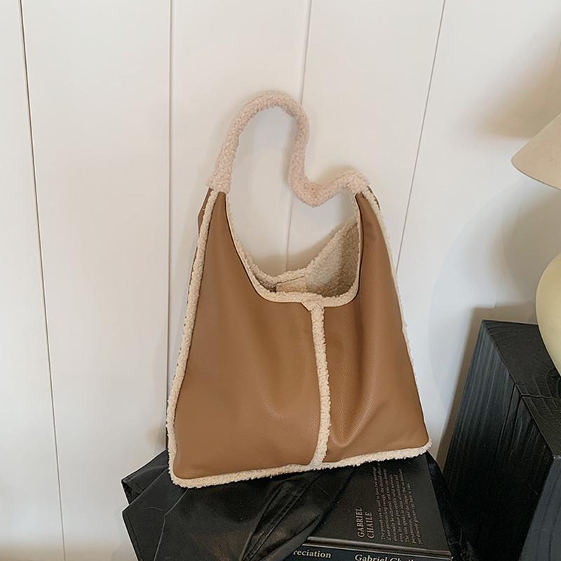 

Yogodlns Trendy Brand Designer Lamb Wool Shoulder Bag Bucket Women Handbags And Purse Winter Lady s Leather Underarm Tote Bag 35x11x38cm коричневый