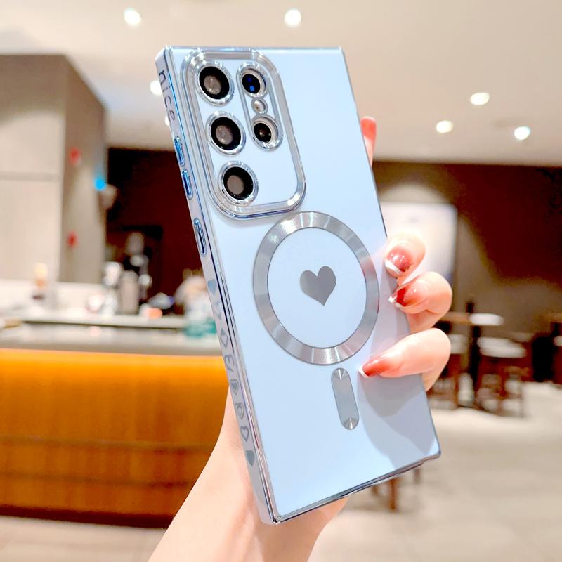 Plating Soft TPU Case For Samsung Galaxy S26 S25 S24 S23 S22 S21 Ultra Plus For Magsafe Magnetic Charge Love Heart Full Cover
