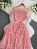 Summer Women Vintage Mesh Patchwork Cake Dresses Fashion Elastic Long Midi Party Dress