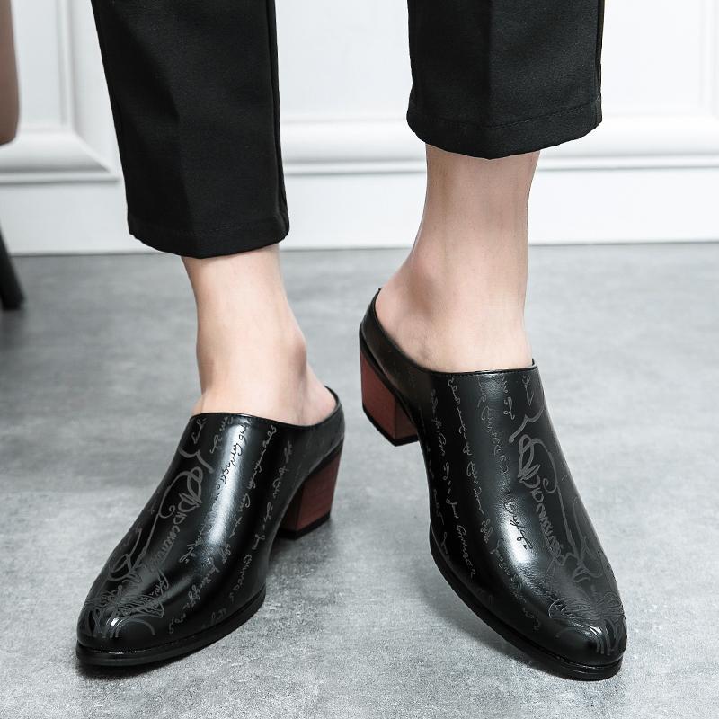 

Модные туфли на высоком каблуке из дышащей прохладной кожи, повседневные туфли для платья, летние новые полушлепанцы, остроносые мужские туфли для парикмахера 44 чёрный