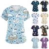 Top de trabajo casual para mujer con estampado de animales lindos, manga corta, cuello en V y bolsillo