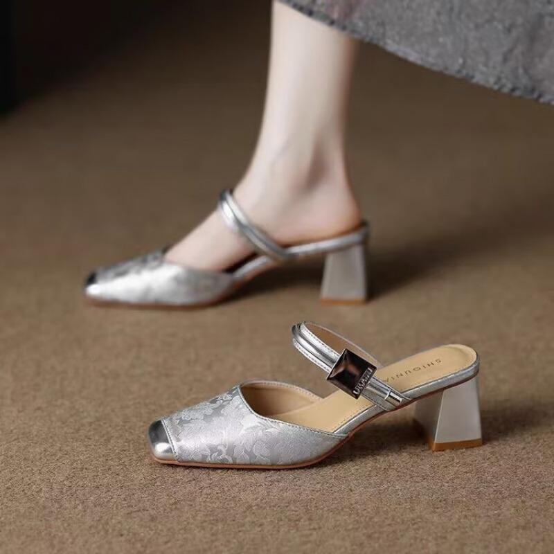 Fashion Fashion Womens High Heels French Toe High-Heeled Sandals Summer New Versatile Women's Half Slippers Tacones Altos Para Mujeres